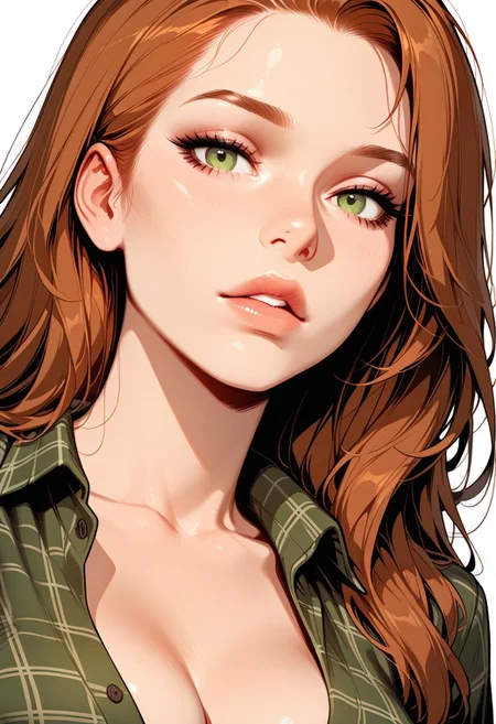 HDR, 8K, high contrast, masterpiece, best quality, amazing quality, very aesthetic, realistic, newest, (artist:incase:0.5), (artist:tsuaii:0.5), (flat colors:2),
1girl, solo, medium breasts, redhead, green eyes, long hair, green flannel, front view, (face focus, close-up:1.3), looking at viewer, dutch angle, parted lips, ((white background))