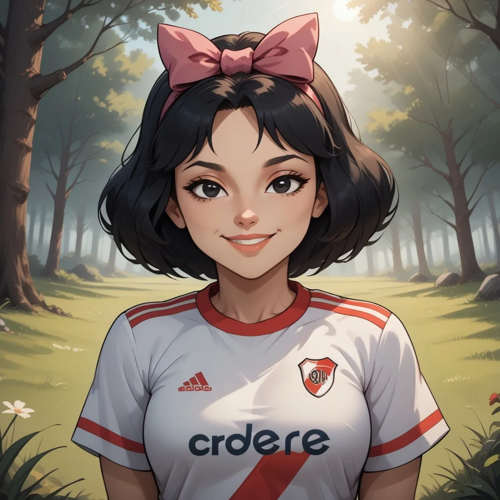 score_9, score_8, BREAK, solo, total drama, 1girl, black hair, white skin, pink hair bow, black eyes, lips, pointy nose, RiverPlate, striped shirt, striped, shirt, white shirt, short sleeves, clothes writing, sportswear, soccer uniform, Ella_(\Total_Drama\), tdpi, cute, sexy pose, self portrait, smile, looking at viewer, outdoors, sunlight, shadows, evening lighting, natural lighting, forest, trees, grass, orange sky, sunset