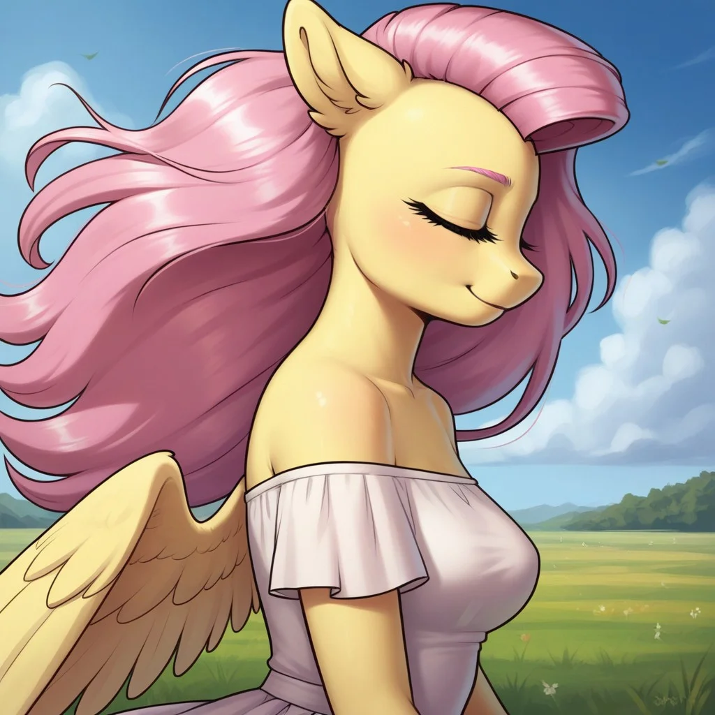 score_9, score_8_up, score_7_up, score_6_up, realistic illustration, dramatic angle, meadow, grass field, outdoors, close view, 1girl, solo, fluttershy, (anthro pony), 18 yo, tail, wings, petite body, shiny skin, medium breasts, white dress, inviting look, dynamic pose, dramatic angle, standing, closed eyes, side view, upper body, spread hands, wind, windswept hair, windblown hair