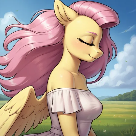 score_9, score_8_up, score_7_up, score_6_up, realistic illustration, dramatic angle, meadow, grass field, outdoors, close view, 1girl, solo, fluttershy, (anthro pony), 18 yo, tail, wings, petite body, shiny skin, medium breasts, white dress, inviting look, dynamic pose, dramatic angle, standing, closed eyes, side view, upper body, spread hands, wind, windswept hair, windblown hair