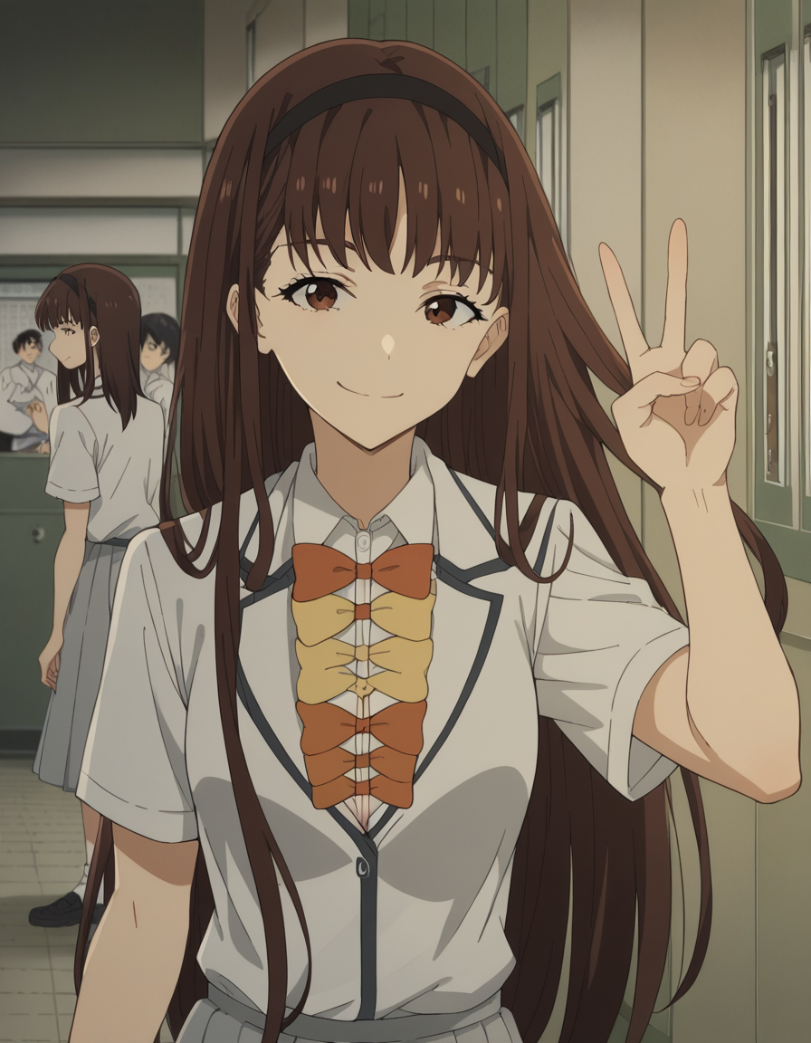 score_9, score_8_up, score_7_up, source_anime, <lora:hibari-houkobaru-s1-ponyxl-lora-nochekaiser:1>, hibari houkobaru, long hair, bangs, brown hair, brown eyes, hairband, black hairband, medium breasts,, shirt, bow, cleavage, school uniform, white shirt, short sleeves, collared shirt, skirt, pleated skirt, grey skirt, bowtie, yellow bowtie, orange bowtie, school hallway, lockers, between classes, everyday life, smile, looking at viewer, v,, solo,, cowboy shot, dutch angle