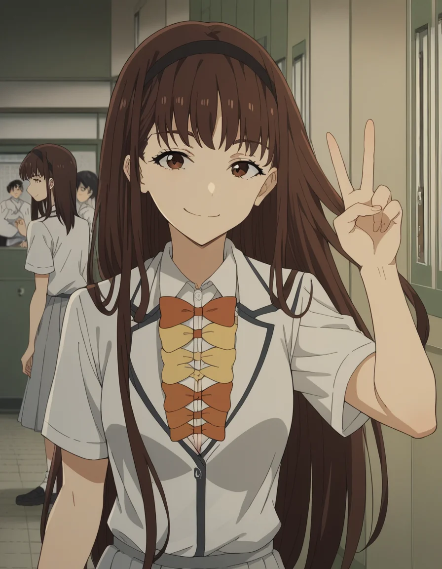 score_9, score_8_up, score_7_up, source_anime, <lora:hibari-houkobaru-s1-ponyxl-lora-nochekaiser:1>, hibari houkobaru, long hair, bangs, brown hair, brown eyes, hairband, black hairband, medium breasts,, shirt, bow, cleavage, school uniform, white shirt, short sleeves, collared shirt, skirt, pleated skirt, grey skirt, bowtie, yellow bowtie, orange bowtie, school hallway, lockers, between classes, everyday life, smile, looking at viewer, v,, solo,, cowboy shot, dutch angle