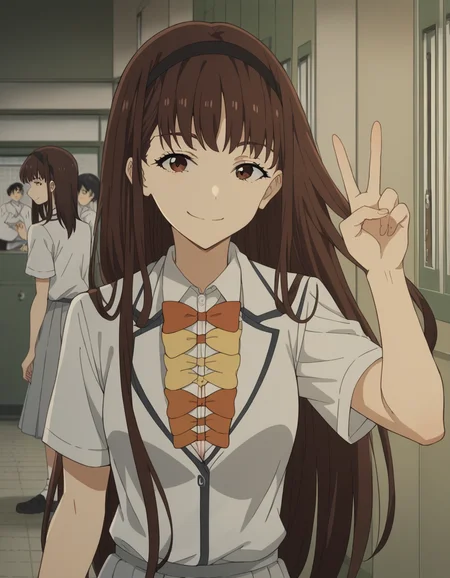 score_9, score_8_up, score_7_up, source_anime, <lora:hibari-houkobaru-s1-ponyxl-lora-nochekaiser:1>, hibari houkobaru, long hair, bangs, brown hair, brown eyes, hairband, black hairband, medium breasts,, shirt, bow, cleavage, school uniform, white shirt, short sleeves, collared shirt, skirt, pleated skirt, grey skirt, bowtie, yellow bowtie, orange bowtie, school hallway, lockers, between classes, everyday life, smile, looking at viewer, v,, solo,, cowboy shot, dutch angle