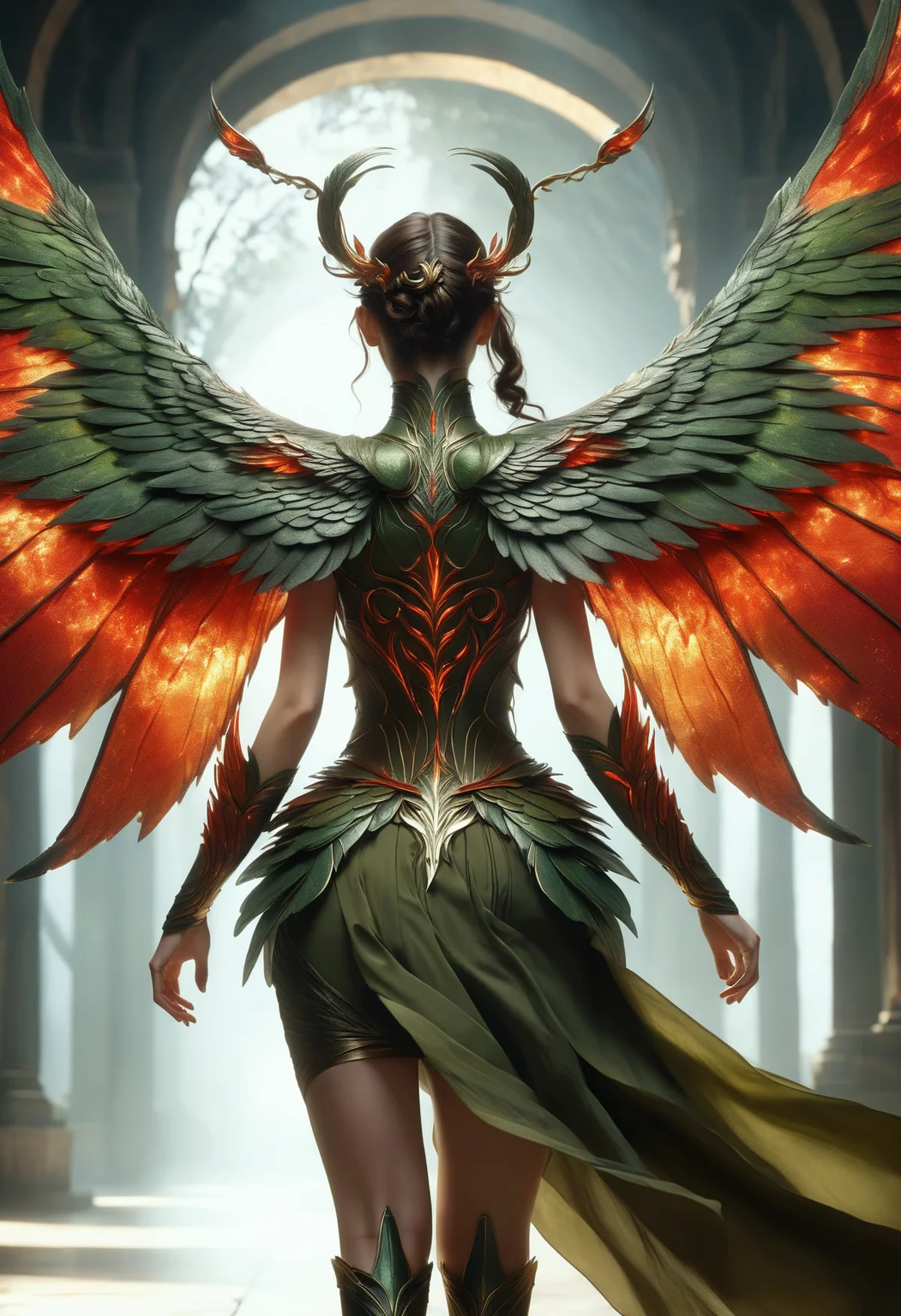 awesome quality, dynamic,DonMDr4g0nXL woman from behind,wings attached to back,skirt, (draconid:0.25) olive ethereal magma  <lora:myLora\DonMDr4g0nXL-v1.1rb:1>