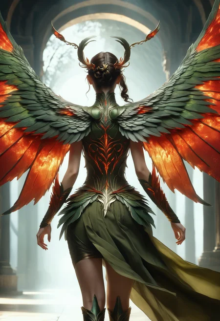 awesome quality, dynamic,DonMDr4g0nXL woman from behind,wings attached to back,skirt, (draconid:0.25) olive ethereal magma <lora:myLora\DonMDr4g0nXL-v1.1rb:1>