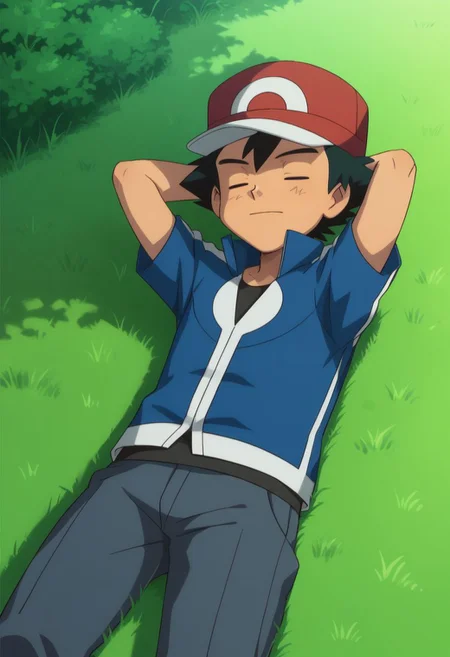 score_9, score_8_up, score_7_up, source_anime, highly detailed, 1boy, solo, male_focused  
ash_ketchum, hat, brown eyes, black hair, baseball cap, outdoors, jacket, closed mouth, shirt, blue jacket, a
outdoor, grass, lying on grass, sleeping, closed eyes, sunny, skinny, slender, cute, hands behind head