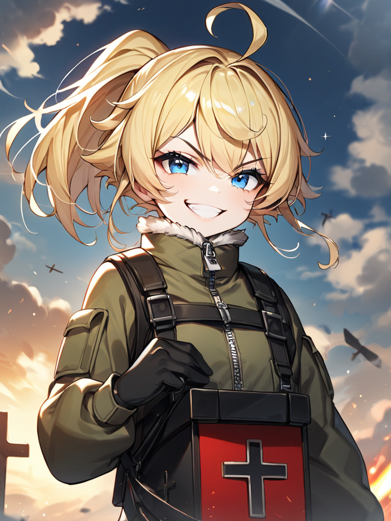 masterpiece,high resolution,
TanyaDegurechaff, flyingsuit, 1girl, solo, looking at viewer, smile, short hair, blue eyes, blonde hair, gloves, ponytail, weapon, ahoge, black gloves, cloud, grin, gun, cross, zipper,magic box backpack on front with cross and glow
 <lora:tanya_XL:0.6>