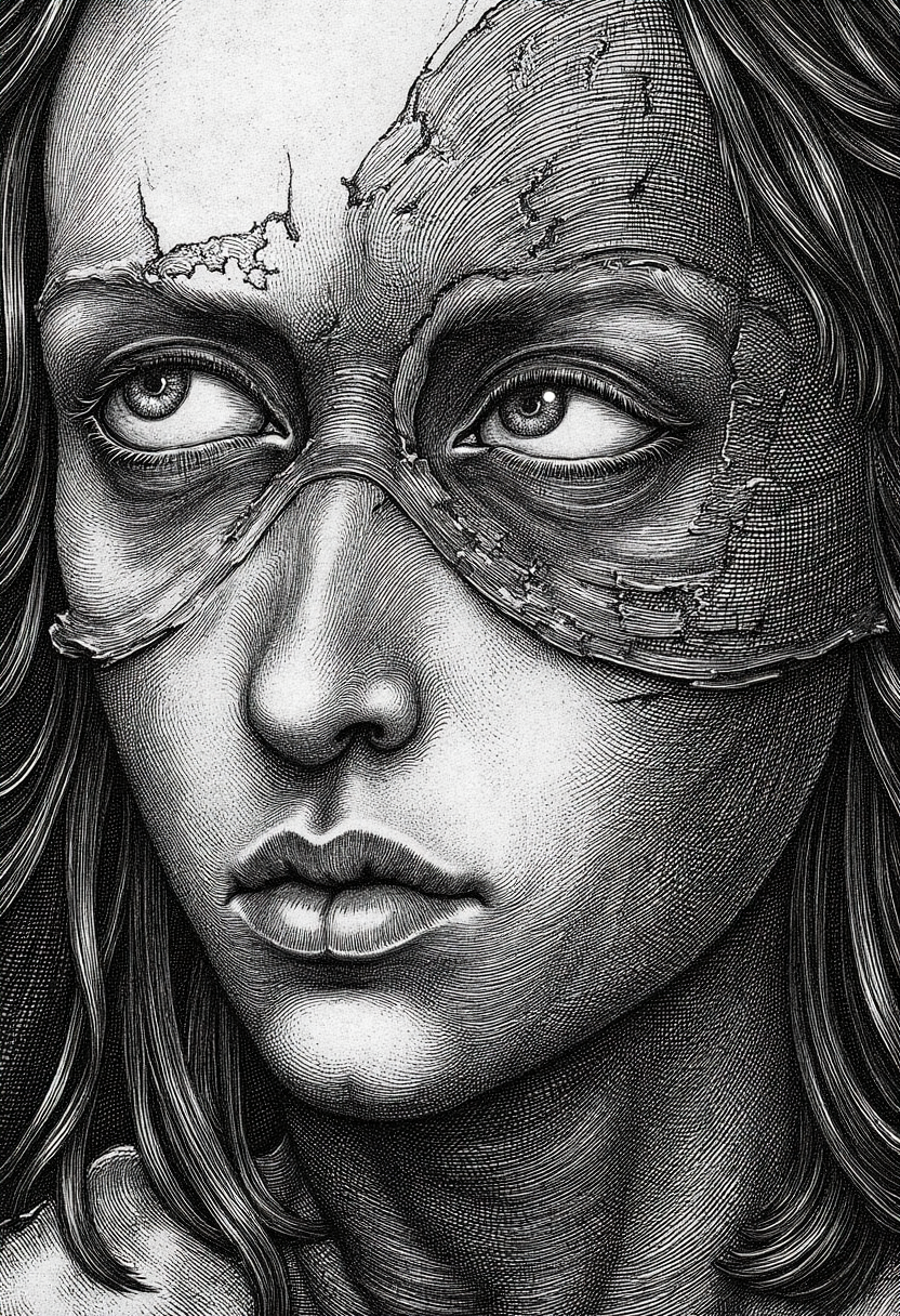 engraving in the style of yfg-durer, Close-up shot of Captain America's battered face, camera focused on the shattered mask, highlighting her unyielding determination etched across her weathered features. Soft lighting illuminates the deep-set eyes, burning bright with an inner fire that hints at her emotional scars. The black and white palette emphasizes the stark intensity of her unwavering commitment, as if sharing a moment of vulnerability with the viewer. Slavic aesthetics.