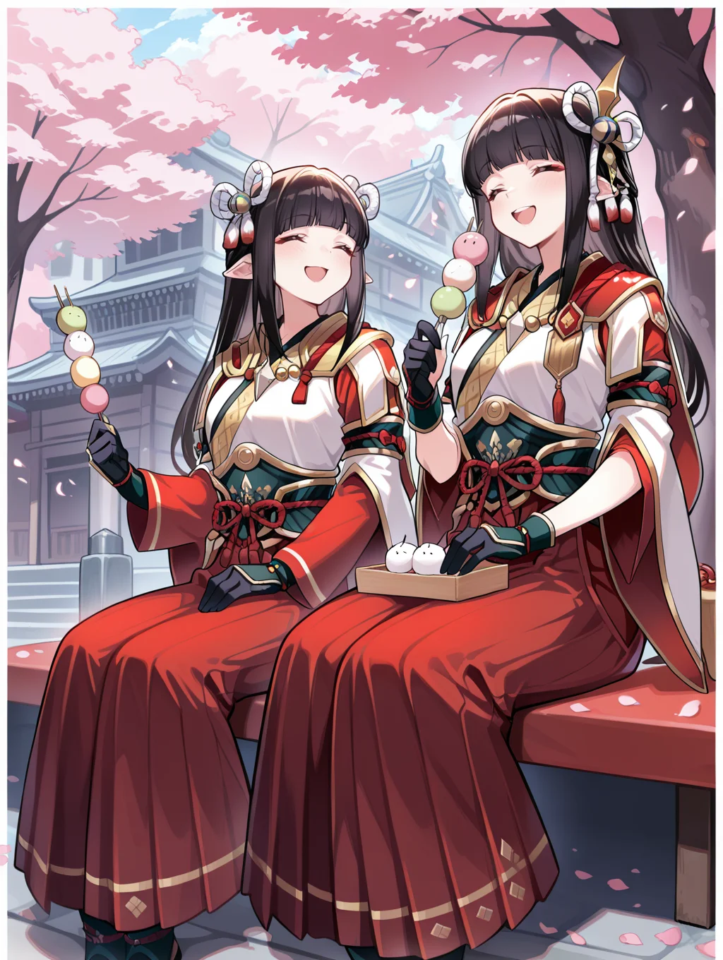 4 finger hands,twins,minoto,hinoa,sanshoku dango,2girls,holding sanshoku dango,smile,closed eyes,open mouth,sitting,outdoors,side hair ornament,white japanese clothes,black partially fingerless gloves,red hakama skirt,double hair ornament,white kimono,red sleeves,black gloves,white border,
masterpiece,best quality,amazing quality,very aesthetic,absurdres,newest,<lora:Minoto and Hinoa illuXL v1.1:0.8>,