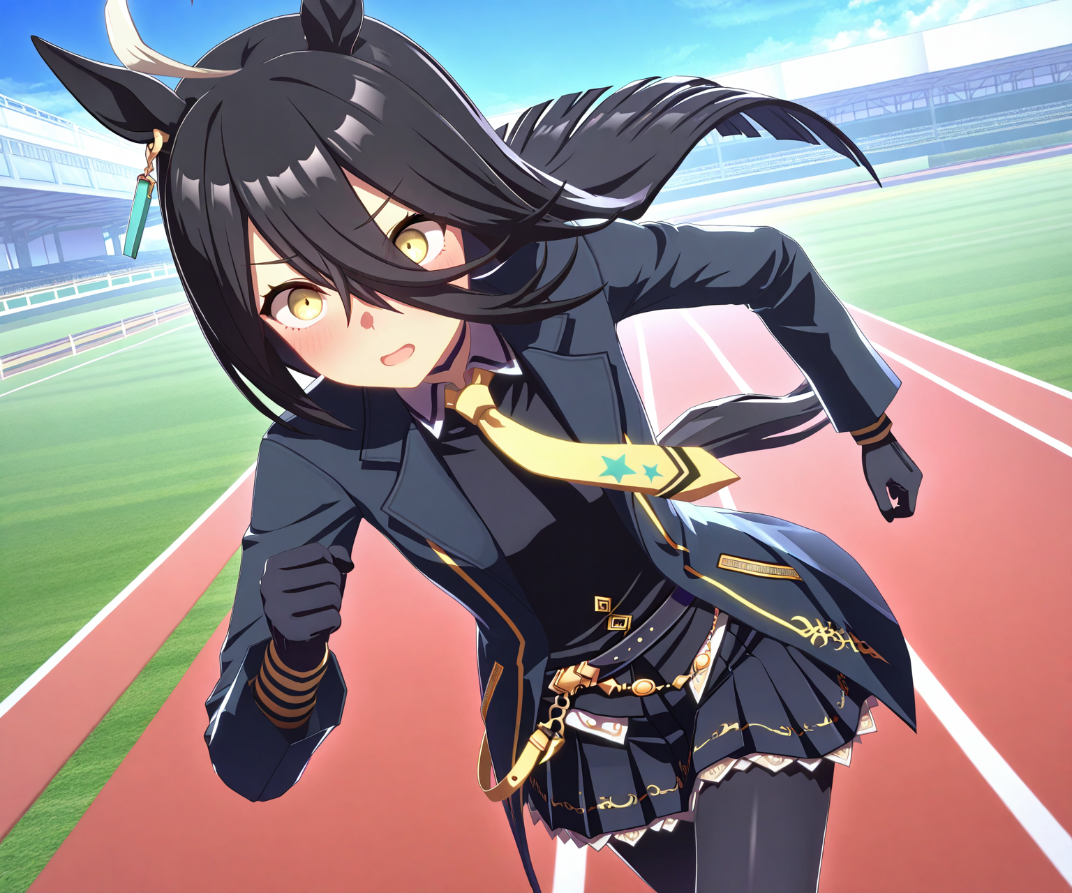 masterpiece, best quality, amazing quality, , 1girl, solo,  umamusume,  racetrack, running,   <lora:Manhattan Cafe in game style 3D ILL-v2:1> ummsmingame, 3d, manhattan cafe \(umamusume\)