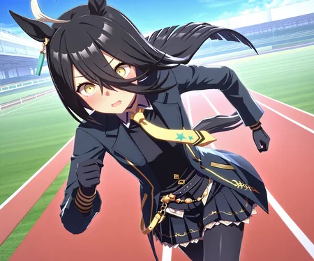 masterpiece, best quality, amazing quality, , 1girl, solo,  umamusume,  racetrack, running,   <lora:Manhattan Cafe in game style 3D ILL-v2:1> ummsmingame, 3d, manhattan cafe \(umamusume\)
