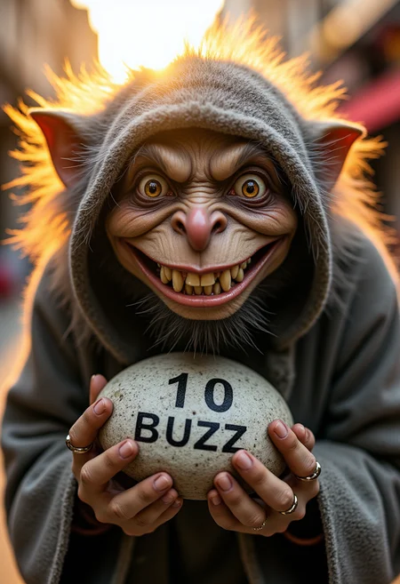 The scene shows a slant-eyed troll with a mischievous grin trying to sell you stolen goods in a marketplace where the sunlight is shining. The troll has amber eyes and is selling what appears to be a keystone, suggesting that the stolen items may have magical or enchanted properties. Painted on the stone is the text â10 BUZZâ. The color mood alternates between the vibrant sunlight and the menacing tones emanating from the troll, creating a sense of contrast and tension. The style is reminiscent of a fantasy illustration and captures the essence of a mischievous fairy tale. Overall, this image is a masterful depiction of a cunning troll in a fantastical setting, evoking a sense of intrigue and caution in the viewer while hinting at the potential for magic and wonder. ,<lora:aidmaHyperRealism-FLUX-V0.2.safetensors:1.0> ,