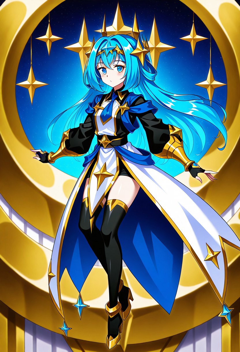 score_9, score_8_up, score_7_up, source_anime, 
1girl, def_Lena, hair ornament, gold ornaments, blue hair, blue eyes, black thighhighs, star hair ornament, star (symbol)