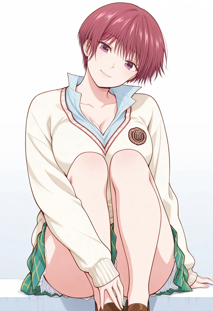 score_9, score_8_up, score_7_up, source_anime,(extremely detailed CG), (best quality),
1girl, solo, short hair, sitting, smile, skirt, shoes, looking at viewer, breasts, loafers, cleavage, head tilt, shirt, red hair, sweater, school uniform, brown footwear, tomo