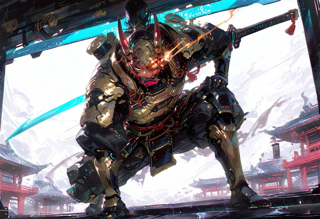 masterpiece, best quality, volumetric lighting, neon colors, f1man, samurai, closeup, oni mask, full hi tech cyber holographic armor, flaming eye, standing in front of a cyberpunk shrine, staring at viewer, standing with enormous broadsword on his shoulder, huge and wide sword, Kubikiribōchō, calm, ruthless swordman, (low camera angle:1.27) cyber horns, standing pose with huge blade on his shoulders, flying raijin, Kubikiribōchō, The image depicts a digital artwork of a character that appears to be a fusion of a human and robotic elements. The character is crouched in a dynamic pose, with one hand resting on their knee and the other extended forward, as if ready for action. The character's attire is predominantly gold and black, with a metallic sheen that suggests a futuristic or advanced technology theme. The helmet they wear is particularly striking, featuring two large, pointed horns that extend upwards, adding to the robotic aesthetic, high quality, high resolution