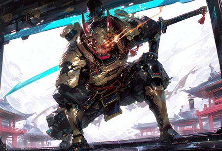 masterpiece, best quality, volumetric lighting, neon colors, f1man, samurai, closeup, oni mask, full hi tech cyber holographic armor, flaming eye, standing in front of a cyberpunk shrine, staring at viewer, standing with enormous broadsword on his shoulder, huge and wide sword, Kubikiribōchō, calm, ruthless swordman, (low camera angle:1.27) cyber horns, standing pose with huge blade on his shoulders, flying raijin, Kubikiribōchō, The image depicts a digital artwork of a character that appears to be a fusion of a human and robotic elements. The character is crouched in a dynamic pose, with one hand resting on their knee and the other extended forward, as if ready for action. The character's attire is predominantly gold and black, with a metallic sheen that suggests a futuristic or advanced technology theme. The helmet they wear is particularly striking, featuring two large, pointed horns that extend upwards, adding to the robotic aesthetic, high quality, high resolution