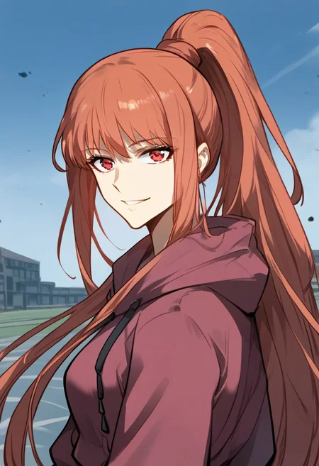 zPDXL3, score_9_up, score_8_up, score_7_up, (Anime_source), 1girl, FengLing, red eyes, orange hair, long hair, FengLing, red eyes, orange hair, long hair, sweatshirt, ponytail, (looking back), upper body, looking at viewer, smile