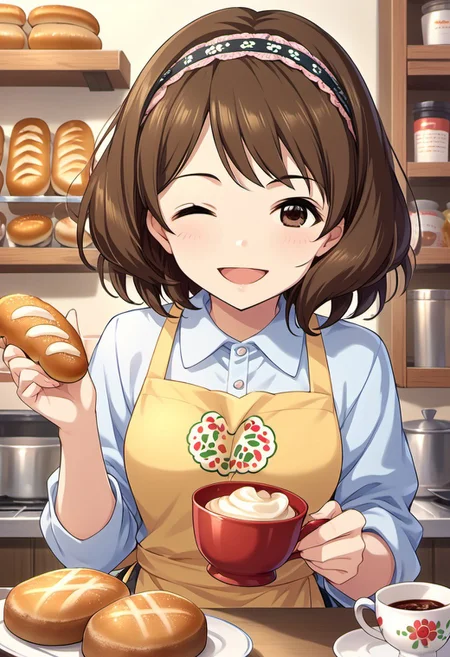 score_9, score_8_up, score_7_up, source_anime, nagatomi hasumi, brown hair, brown eyes, short hair, 1girl, one eye closed, solo, apron, smile, food, hairband, open mouth, ;d, cup, bread, looking at viewer