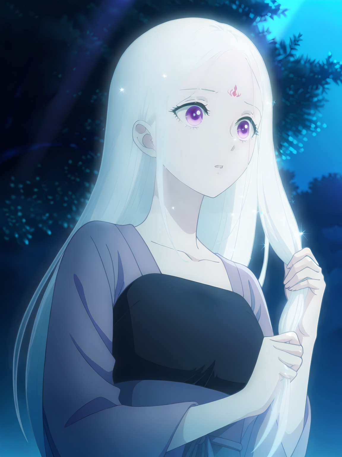 <lora:Ryuu_Jusetsu_v6:0.8>, ryuu jusetsu, 1girl, solo, purple eyes, forehead mark, white long hair, purple hanfu, long sleeves, surprised, worried, parted lips, standing, grabbing own hair, upper body, looking ahead, outdoors, tree, night, moonlight, bloom, sparkle, blurry background