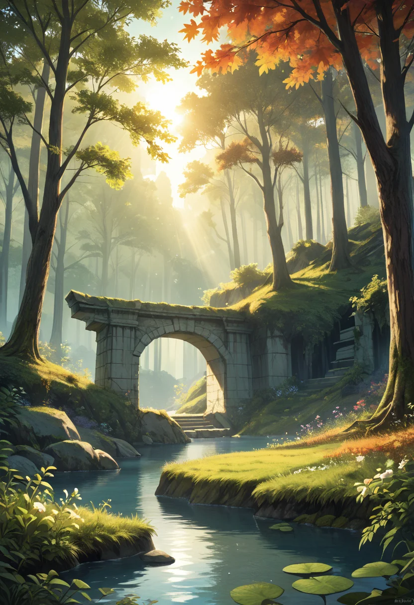 masterpiece, best quality, highly detailed, score_9, score_8_up, score_7_up, score_6_up, source_anime, high resolution, 8k, very aesthetic, absurdres, dim lighting, gentle shadows,
arkn, detailed drawing, forest, autumn, white stone ruins, flowers, beautiful blue pond, grass, early morning, sun rays, dynamic light,
<lora:DNDFG:0.2>,