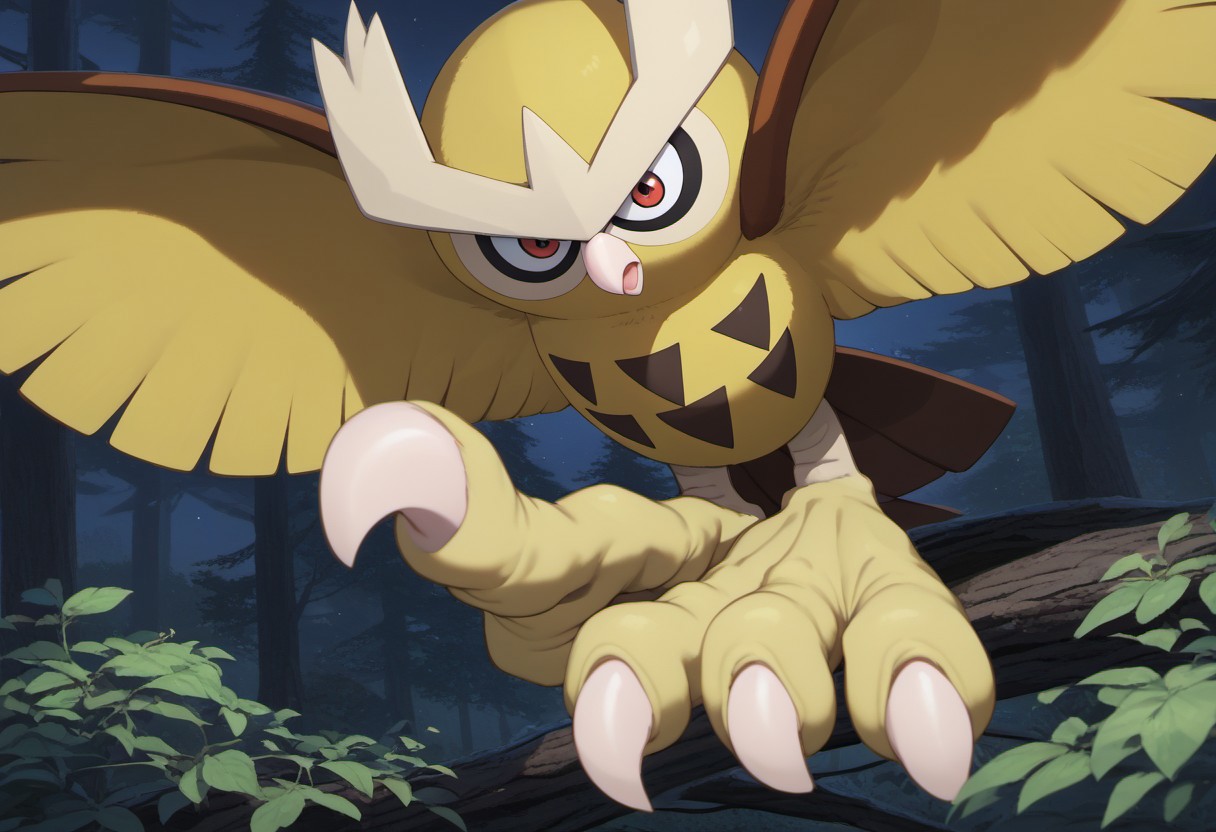 score_9, score_8_up, noctowl, yellow body, pokemon (creature), bird, talons, 3 toes, lower body, pokemon \(creature\), standing, night, dark, midnight, rimlight, blowing wind, forest, Big feet, foot focus, close-up