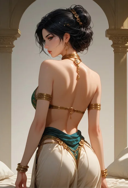 (score_9, score_8_up, score_7_up), 1 girl, savita bhabhi, India Model ,black hair, slave leia outfit,skirt lift, 1girl,,pale skin,goth,nsfw, baroque clothes,back angle, from back, viewed from back, Look to Viewer
