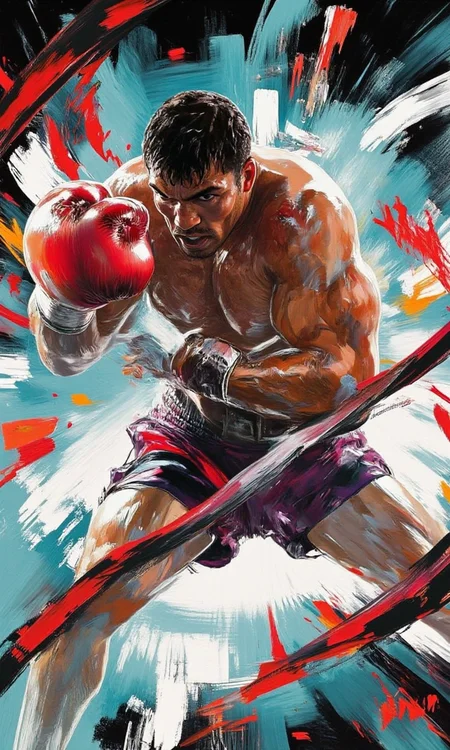 A boxer is in the 8-cornered cage, swinging his fists<flux.1_lora_ink-dynamic.safetensors:1.4000000000000001:1.4000000000000001>