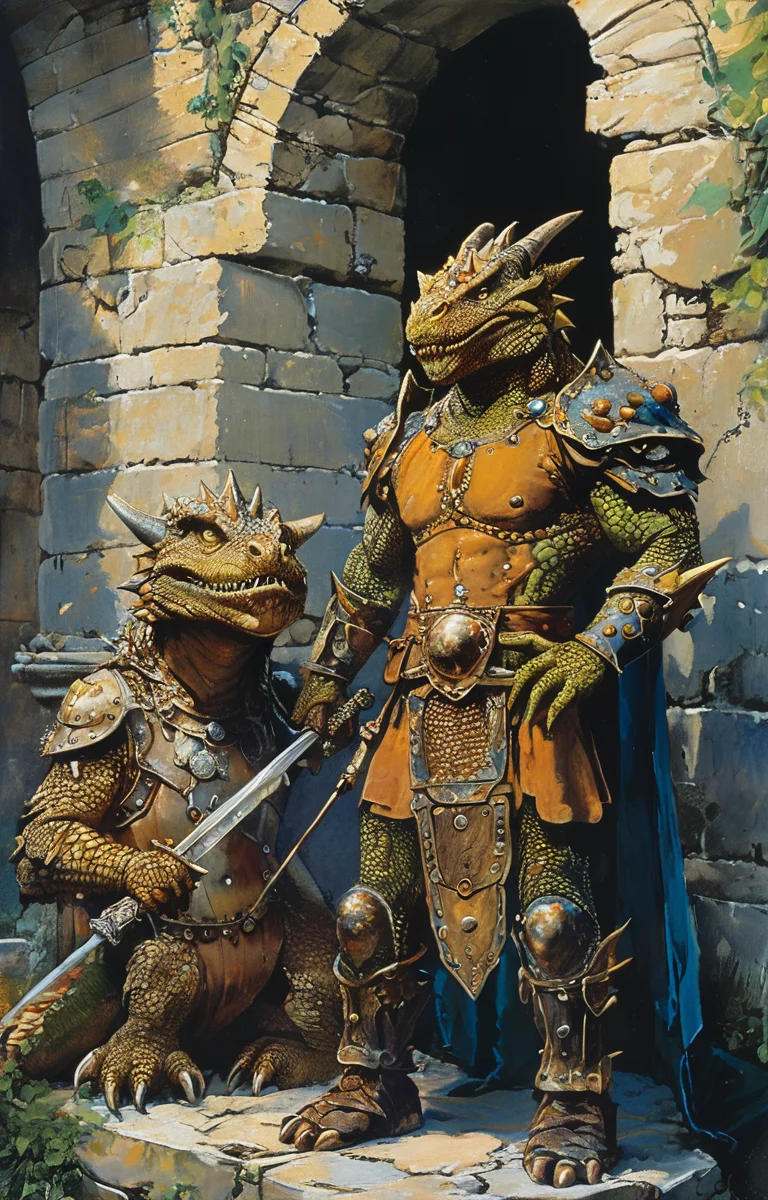 masterpiece,best quality,<lora:tbh182-sdxl:0.9>,style of Clyde Caldwell,Dungeon and Dragon,Brave,Sword,Shield,Dragon,adnd,