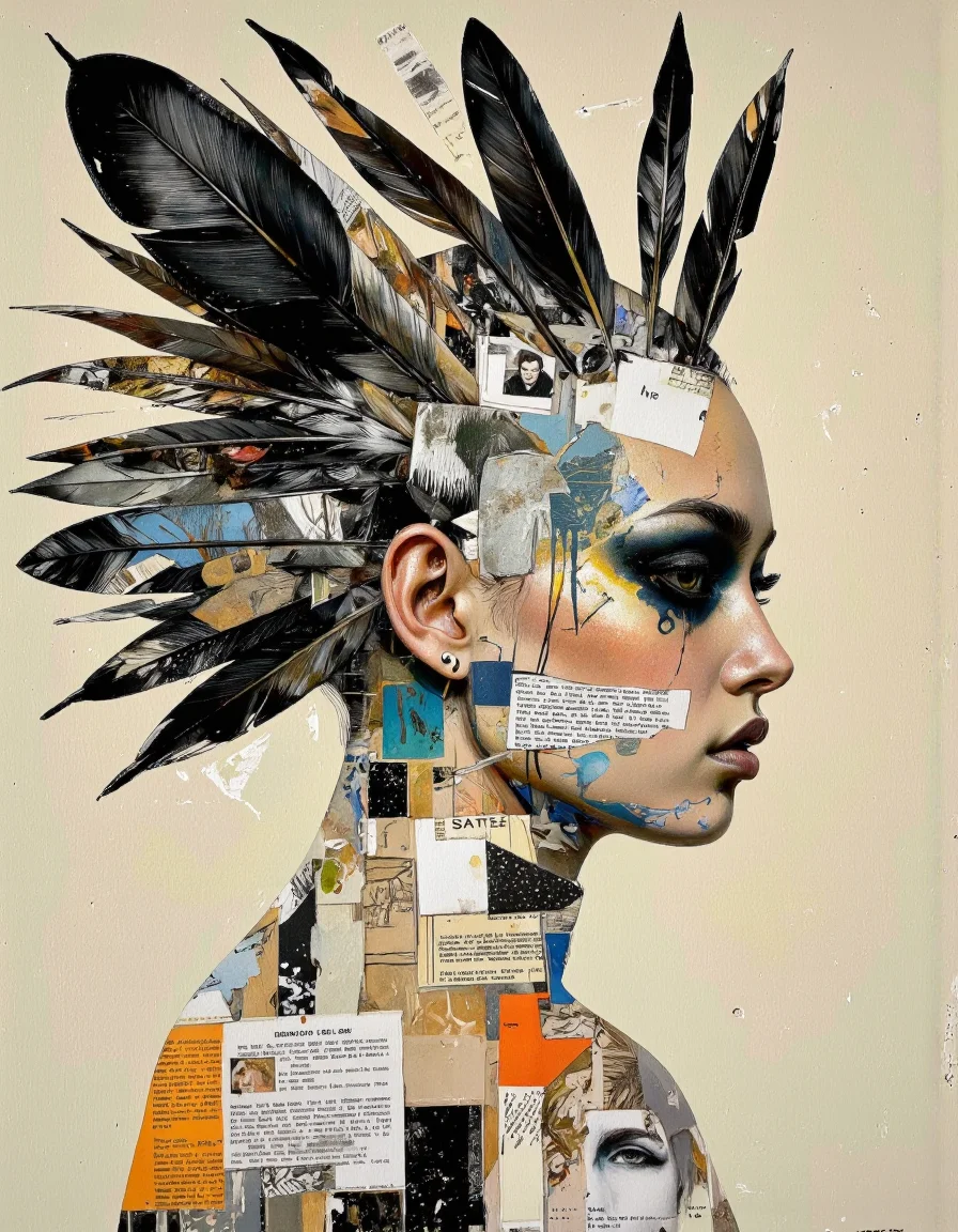 By Tom Nulens. A digital illustration shoot from a profile camera angle about a striking portrait of a woman with a unique, abstract design. the image features a woman in the middle of the frame, with her face facing the viewer. she appears to be a young adult, with fair skin and long, dark eyelashes. her hair is styled in a mohawk-like fashion, with black feathers framing her face. her eyes are accentuated with dramatic black eyeliner, and her lips are painted with dark lipstick. the background is a beige, textured surface with various pieces of paper and abstract shapes scattered throughout, creating a collage-like effect. the woman's face is the focal point of the image, with the abstract shapes and textures blending together to create a sense of depth and dimension. the overall effect is a striking and captivating piece of art that is both visually striking and eye-catching. <lora:Tom_Nulens_II-000007:0.8045440673828125>