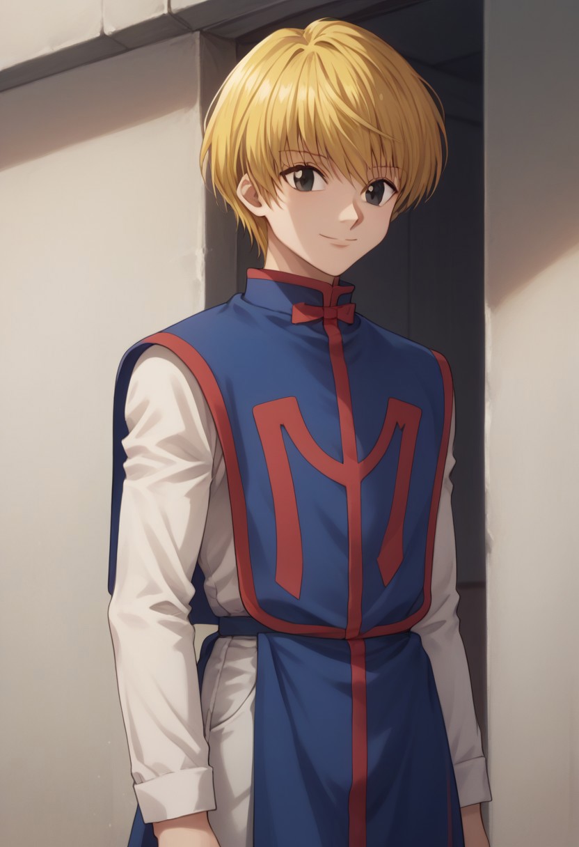score_9, score_8_up, score_7_up, source_anime, highly detailed, 
kurapika, 1boy, male focus, solo, blonde hair, short hair, bangs, black eyes, shirt, white shirt, long sleeves, white pants, tabard, blue and red tabard, upper body, smile
outdoor,
