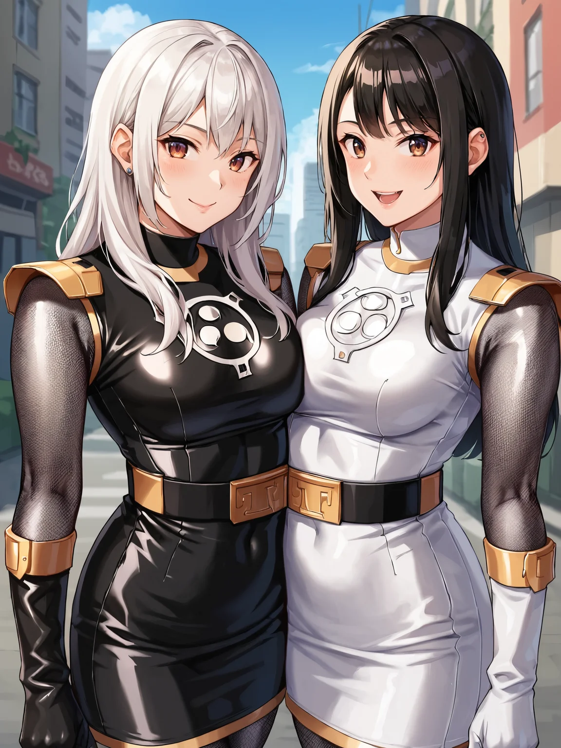 score_9, score_8_up, score_7_up, (source_anime:1.2), 2girls, sentaikageblue, shiny clothes, spandex, <lora:Kage_Blue:1>, (silver bodysuit, fishnet bodysuit, bodysuit under clothes:1.2), shoulder pads, black belt, no headwear, outdoors, city, street, cowboy shot, arms at sides, looking at viewer, smile, symmetrical docking
2girls, black dress, black skirt, (black gloves:1.1), white hair
2girls, white dress, white skirt, (white gloves:1.1), black hair