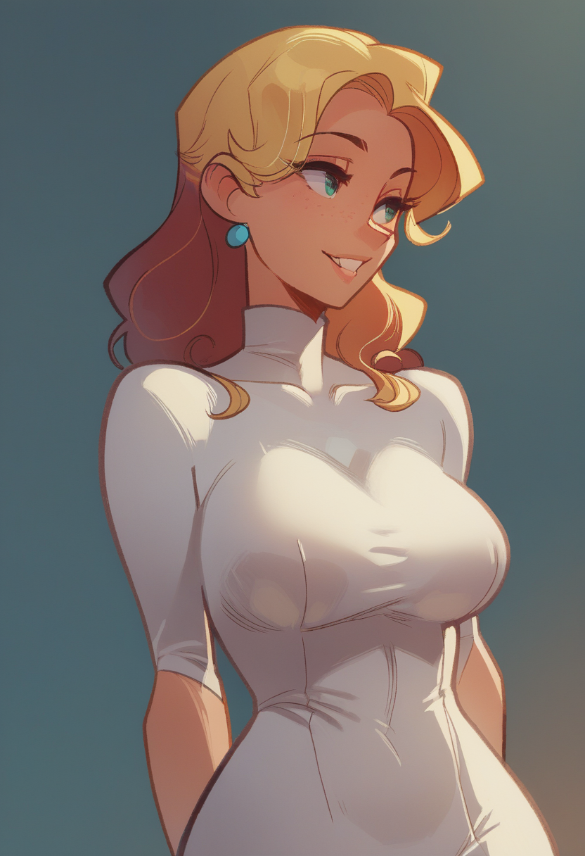 cartoon, score_9, score_8_up, score_7_up, mature_female,  Bodycon Dress, dutch_angle , portrait, rating_safe,  <lora:nda_pony:1>