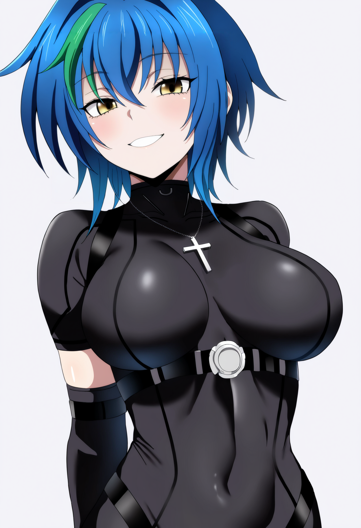 best quality, amazing quality, very aesthetic, absurdres,
1girl, xenovia, blue hair, streaked hair, hair between eyes, short hair, yellow eyes,
skin tight short sleeves, cross necklace, black bodysuit, black elbow gloves,
upper body, arms behind back,
smile, looking at viewer, solo, (simple background, white background:1.3),   <lora:XenoviaNoobXL_byKonan:1>