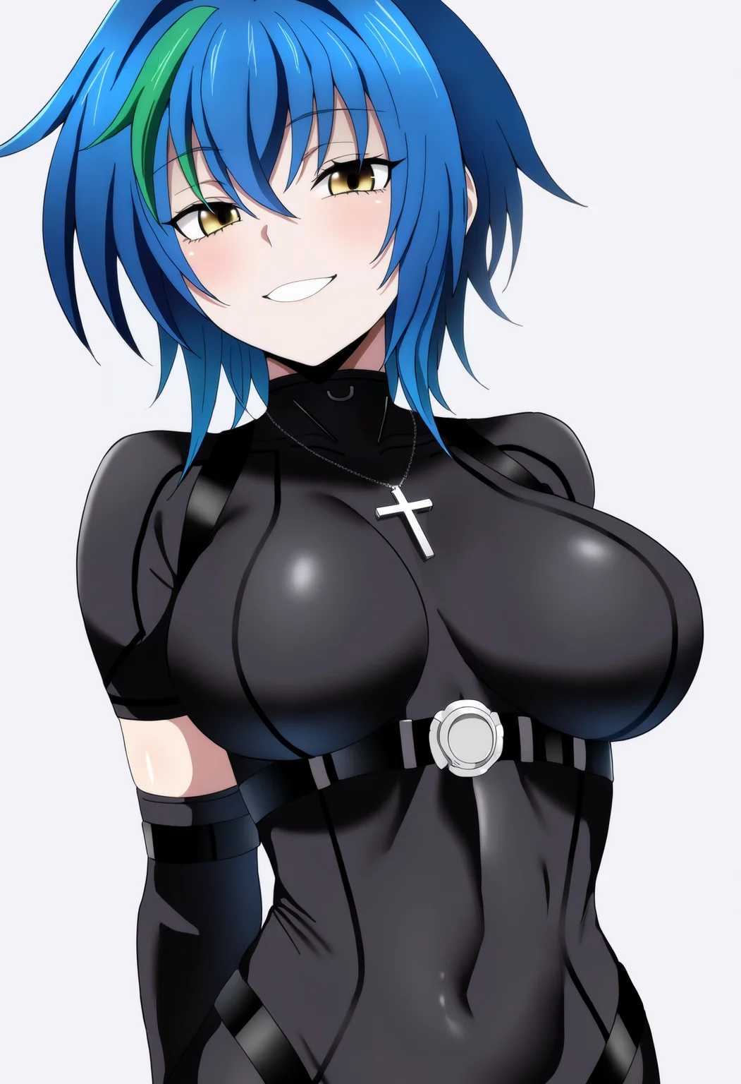 best quality, amazing quality, very aesthetic, absurdres,
1girl, xenovia, blue hair, streaked hair, hair between eyes, short hair, yellow eyes,
skin tight short sleeves, cross necklace, black bodysuit, black elbow gloves,
upper body, arms behind back,
smile, looking at viewer, solo, (simple background, white background:1.3), <lora:XenoviaNoobXL_byKonan:1>