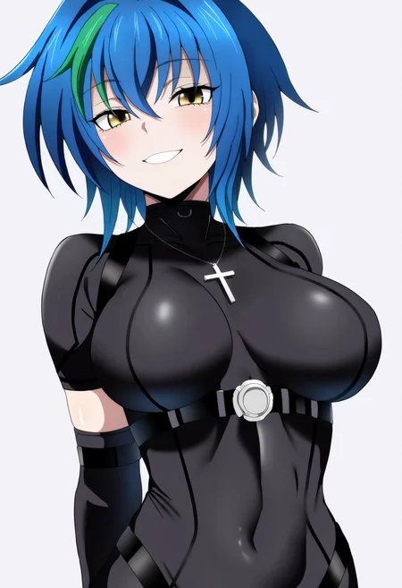 best quality, amazing quality, very aesthetic, absurdres,
1girl, xenovia, blue hair, streaked hair, hair between eyes, short hair, yellow eyes,
skin tight short sleeves, cross necklace, black bodysuit, black elbow gloves,
upper body, arms behind back,
smile, looking at viewer, solo, (simple background, white background:1.3), <lora:XenoviaNoobXL_byKonan:1>