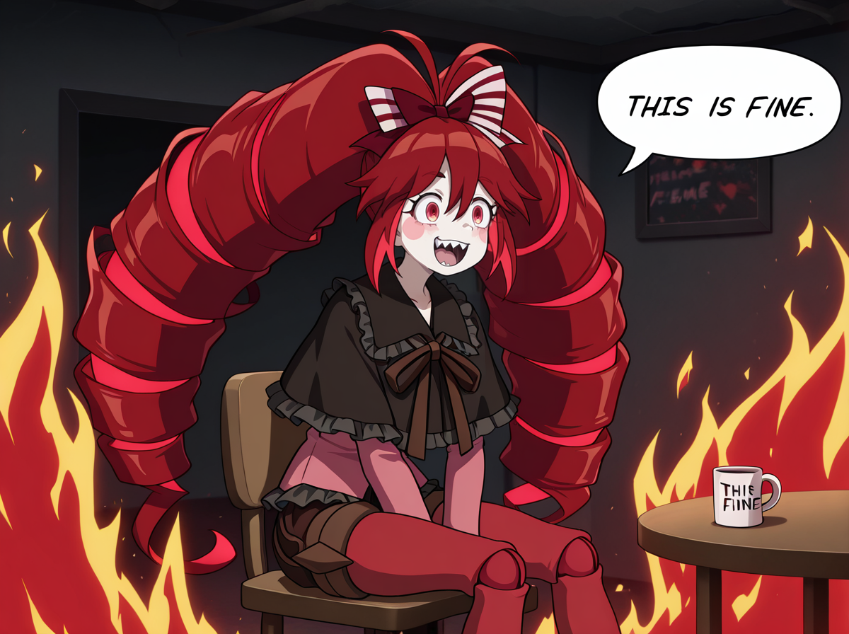 masterpiece, best quality, amazing quality, very aesthetic, absurdres, newest, anime screenshot anime coloring,  <lora:MichaJawkan:1>michajawkan, 1girl, solo, blush stickers, red hair, long hair, twin drills, teeth, sharp teeth, drill hair, red eyes, bow, joints, doll joints, antenna hair   <lora:this_is_fine_memeILL:1>this_is_fine_(meme), fire, english text, sitting, chair, table, mug, speech bubble,