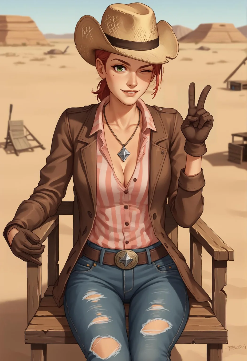 1girl, red hair, medium hair, sidelocks, ponytail, green eyes, cowboy hat, necklace, cleavage, pink shirt, checkered shirt, belt, torn jeans, gloves, brown jacket, patchwork clothes, gloves, desert, wild west, chair, hut, sitting, looking at viewer, wink, finger gun, cowboy shot  <lora:rose_of_sharon_cassidy:1>, score_9, score_8_up, score_7_up, score_6_up, score_5_up, score_4_up, BREAK source_anime, masterpiece