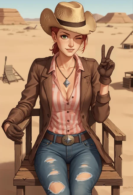 1girl, red hair, medium hair, sidelocks, ponytail, green eyes, cowboy hat, necklace, cleavage, pink shirt, checkered shirt, belt, torn jeans, gloves, brown jacket, patchwork clothes, gloves, desert, wild west, chair, hut, sitting, looking at viewer, wink, finger gun, cowboy shot <lora:rose_of_sharon_cassidy:1>, score_9, score_8_up, score_7_up, score_6_up, score_5_up, score_4_up, BREAK source_anime, masterpiece