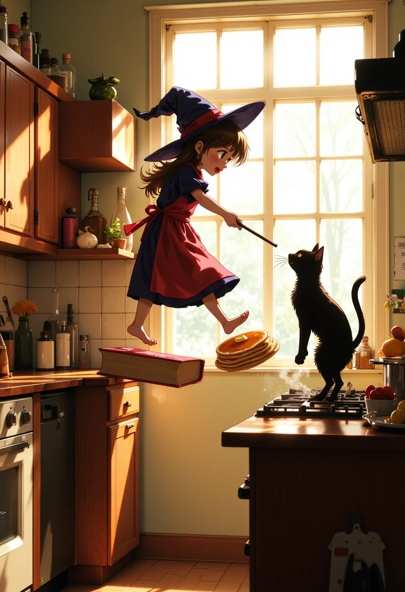 A fairy-sized witch struggling to cook breakfast in a giant human kitchen, standing on a floating spellbook to reach the stove. Her oversized witchâs hat keeps falling over her face as she waves a tiny wand, trying to flip a pancake thatâs bigger than she is. Her mischievous black cat familiar watches from the countertop, unhelpfully swiping at the floating ingredients. Soft morning light fills the kitchen, emphasizing the warm, cozy-yet-chaotic atmosphere. An anime realism scene full of movement, magic, and hilarious proportions.