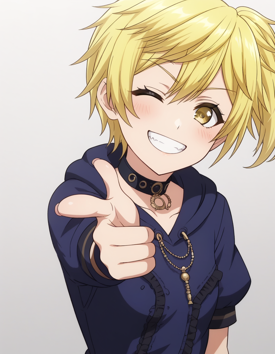 score_9, score_8_up, score_7_up, source_anime, rating_explicit, best quality,
masterpiece, absurdres, anime screencap, official art, megami magazine, 
1girl, solo, blonde hair, side ponytail, yellow eyes, 
grin, one eye closed, 
hoodie, black hoodie, black choker, 
upper body, 
<lora:d4dj_nagisa.pony:1> nagisa 
 <lora:Fingergun_XLPD:1> finger gun, pointing at viewer