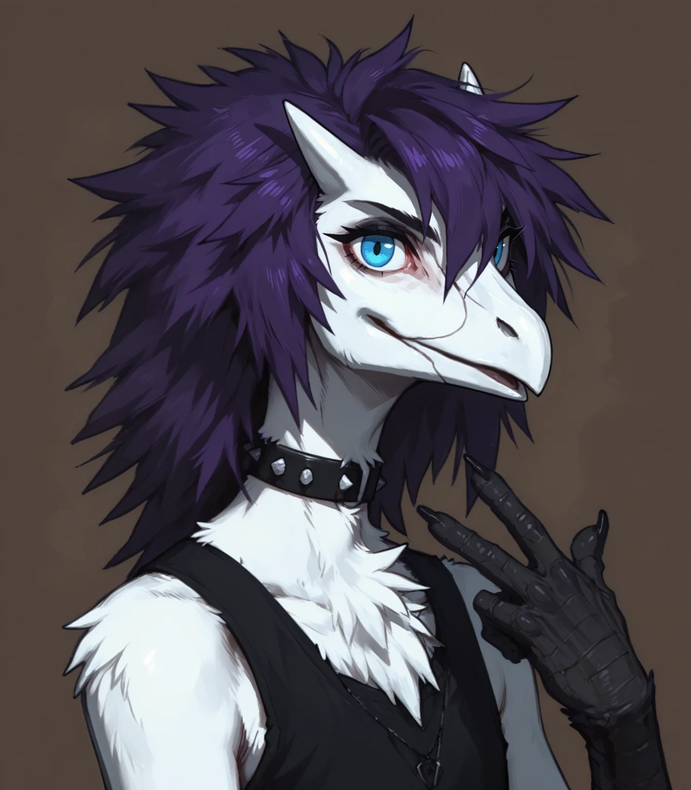 (score_9, score_8_up:1.1), detailed, bust portrait, abstract background,
BREAK
male nevrean, devil horns \(gesture\), slim, blue eyes, scuted hands, white body, white beak, white horn, white face, purple hair, short messy hair, punk,
<lora:nevreans_v1.0_pdxl:0.7>, <lora:Concept Art DarkSide Style PDXL>, <lora:sdxl_lightning_8step_lora>, <lora:PDXL_artist_tags_v2_big>,