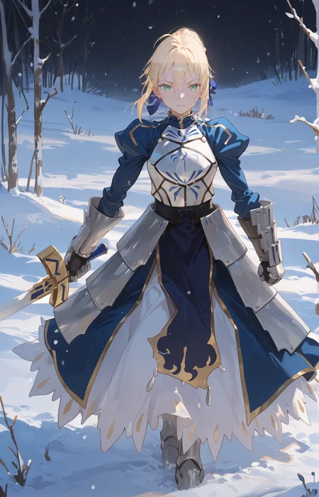 perfect quality,high quality,masterpiece,best quality,amazing quality,very aesthetic,absurdres,Cinematic Lighting,newest,
front view,full_shot,Annoyance,
saberCYQL,blonde hair,hair bun,ahoge,bangs,hair between eyes,french braid,single hair bun,hair ribbon,green eyes,armor,armored dress,dress,long sleeves,puffy sleeves,gauntlets,faulds,holding,holding_sword,sword,excalibur \(fate/stay night\),
full body,standing,
snow background,simple background,
<lora:spo_sdxl_10ep_4k-data_lora_webui:0.5>,<lora:EtherSDXL:0.7>,EtherStyle,<lora:748cmSDXL:0.5>,748cmstyle,<lora:HG2512 by CYQL:0.8>,HG2512,<lora:lora-000008.by_tusi:1>,