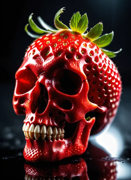 close up,delicious strawberry death skull,very detailed scenery, dynamic pose, Visionary details, Crisp focus, dramatic lighting, Shot with a Canon EOS R5, 70-200mm f/2.8 lens, Mysterious shadows, Complex reflections.