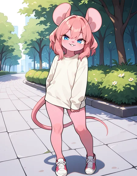 masterpiece, best quality, very aesthetic, absurdres,
outdoors, casual, 
full body, standing, posing, 
 seductive smile, parted lips, long eyelashes,
 <lora:Mouse_Girl_v01_NAIXL:1>
M0sgr1,1girl,solo,furry,furry female,mouse girl,mouse ears,pink hair,short hair,blue eyes,snout,animal nose,whiskers,buck teeth,body fur,pink fur,mouse tail,