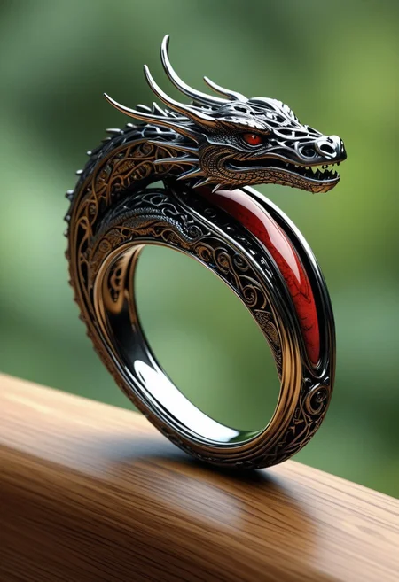 a najavo dragon-style ring, small ring, modest ring, ring composed of interlaced scarlet and gold and black metal wires, dark chrome, embedded tiny onyx, displayed on a clear  natural wood table, depth of field, macro photography, highly detailed, 4k resolution, end_jewelrymorph, ring made to be worn on a female finger, beautiful ring, jewelry masterpiece, delicate exquisite tiny ring