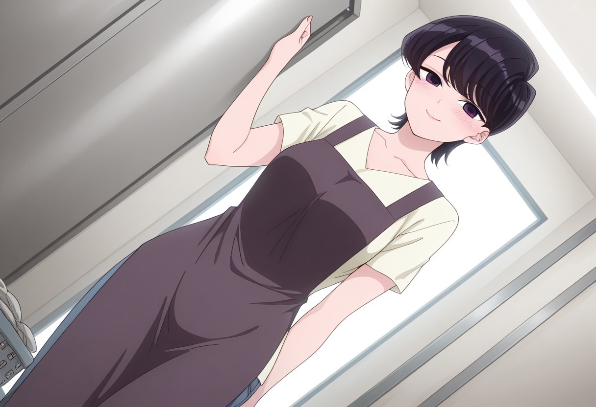 Rating 9, Rating 8, Rating 7, Rating 6, Rating 5, Rating 4, Masterpiece, Superior Quality, Amazing Quality, Masterpiece, Highest Quality, Ultra-detailed, Dynamic Angle, Dynamic Composition, Alone, white frame, maximum contrast, saturated color, bright colors, dynamic lighting,
1 girl, medium shot,vibrant colors, high contrast,
komishuukocnn, 1girl,black hair, short hair, bangs, purple eyes,mature female,
shirt, jeans, short sleeves,
wearing a dark gray apron, inside a laundry room, pile of dirty clothes in the background, she is standing, looking at the viewer, blushing, sensual eyes, mischievous smile,
