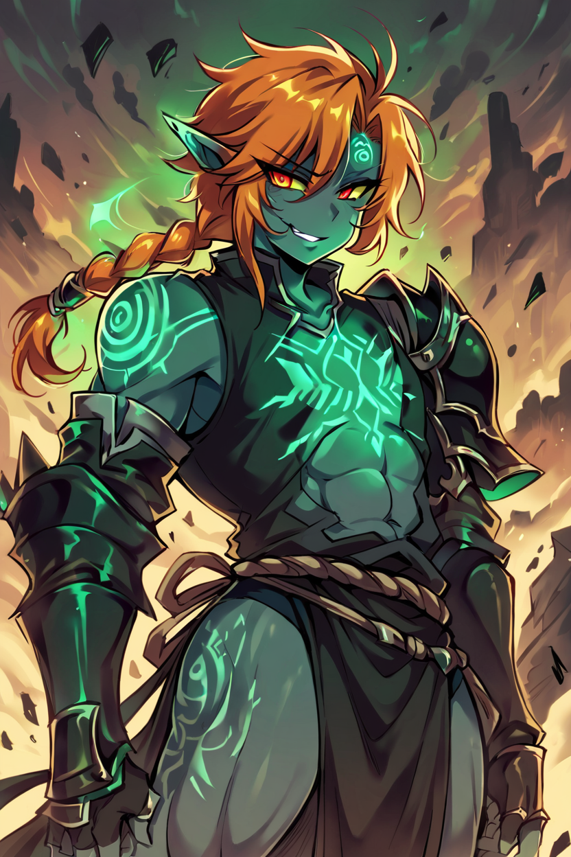 ((masterpiece,best quality)), zzTwilightZelda,   zzTwilightZelda,     glow, glowing, green glow, dark skin, grey skin, glowing tattoo, pointy ears, 1boy, male focus, muscular, smile, red eyes, orange hair, yellow sclera, smug, shiny metal, fingerless gloves, armor, shoulder armor, gauntlets, cowboy shot,  <lora:TwilightTheme_SDXL:0.8>,