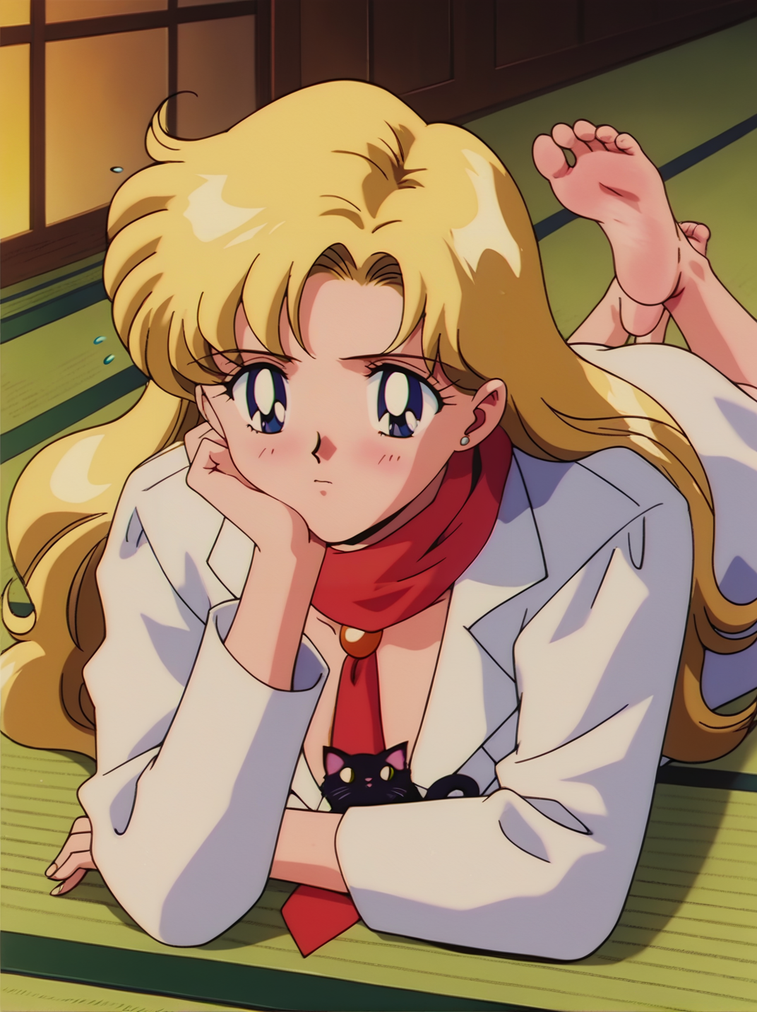 score_9, score_8_up, score_7_up,, screencap, anime coloring, retro artstyle, 
1girl, long hair, blush, blue eyes, blonde hair, lying, food, necktie, barefoot, indoors, scarf, feet, toes, soles, animal, flying sweatdrops, cat, red necktie, on stomach, > <, head rest, lab coat, tatami, black cat, the pose, 
 <lora:ASailorTominagaXL_style:1>, SailorMoonXL