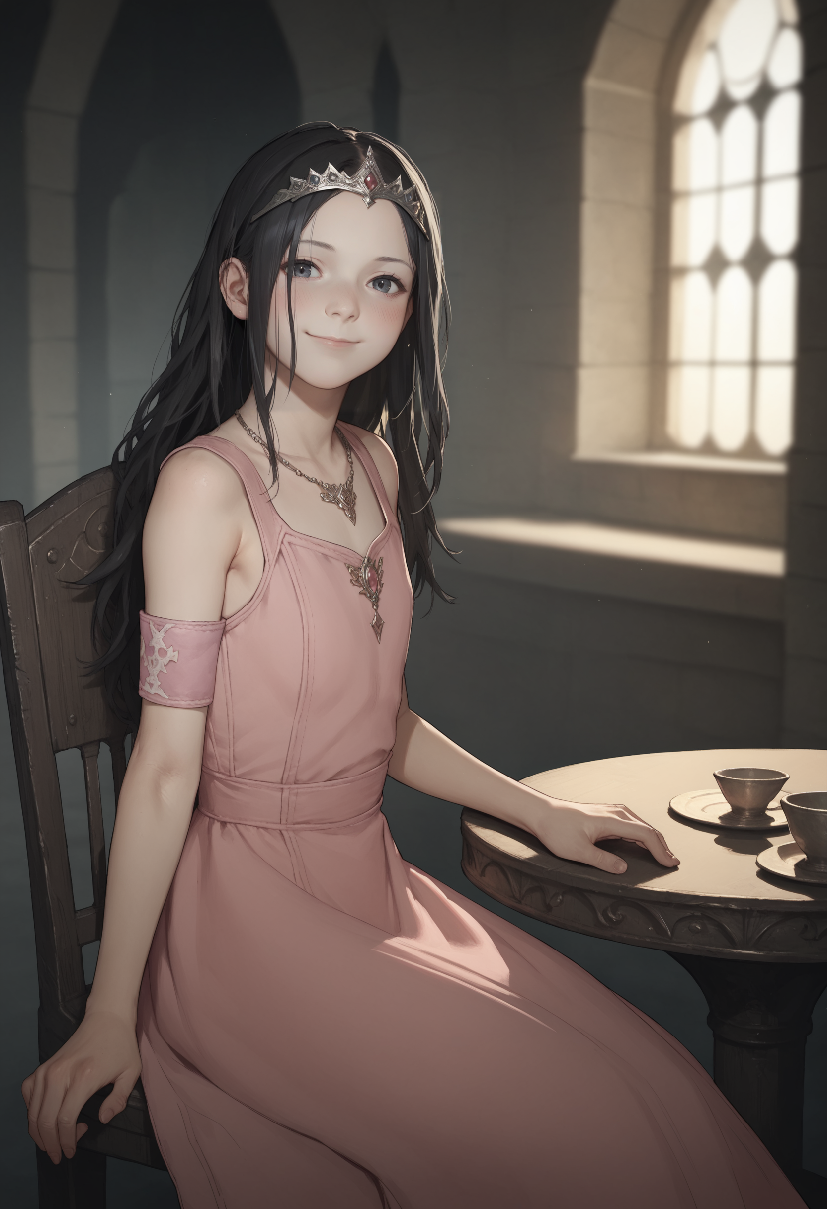 score_9, score_8_up, score_8, source_anime, 1girl, <lora:Eveline:0.7> solo, flat chest, white skin, pale skin, long hair, black hair, pink princess dress, tiara, jewelry, armband, smile, blush, sitting at table, necklace, looking at viewer, 
fantasy castle background,