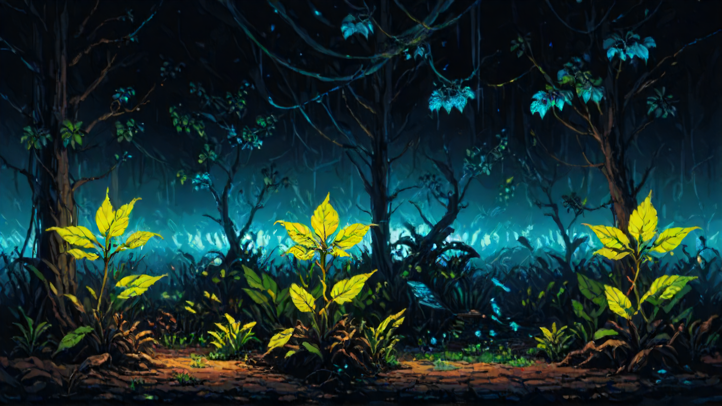 <lora:LCMTurboMix_Euler_A_fix:1> ((((<lora:Neon Punk-V1:0.4>, NPai, neon))))  (rural) , bioluminescent glow, bioluminescent plants, Double exposure overlay, Overlapping Elements composition,